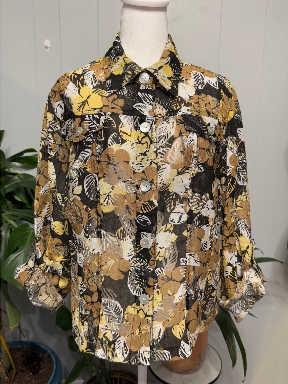 #17) Ruby Rd. Sheer Floral Button-Front Top with roll up sleeve